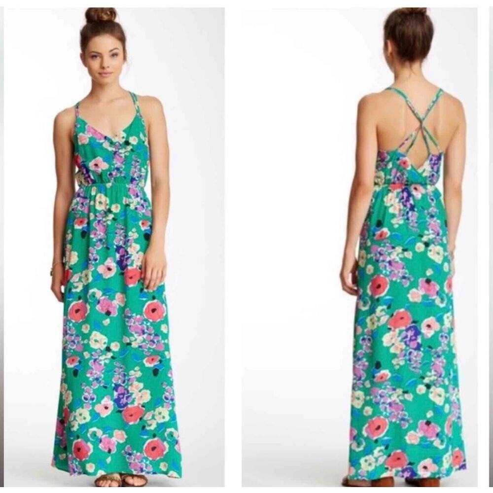 Yumi Kim MALU Kira Green Floral Silk Maxi Dress S Strappy Pockets EUC